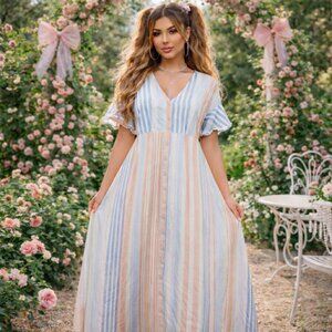 Brass & Roe Pastel Stripe Maxi Dress Coquette Cottagecore Casual Summer
